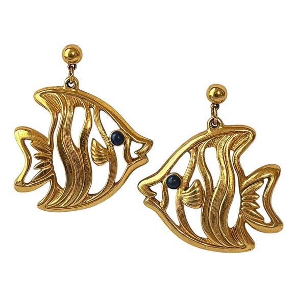 Statement Gold Tone Fish Dangle Stud Earrings Vintage Pierced Post Back - Picture 1 of 3